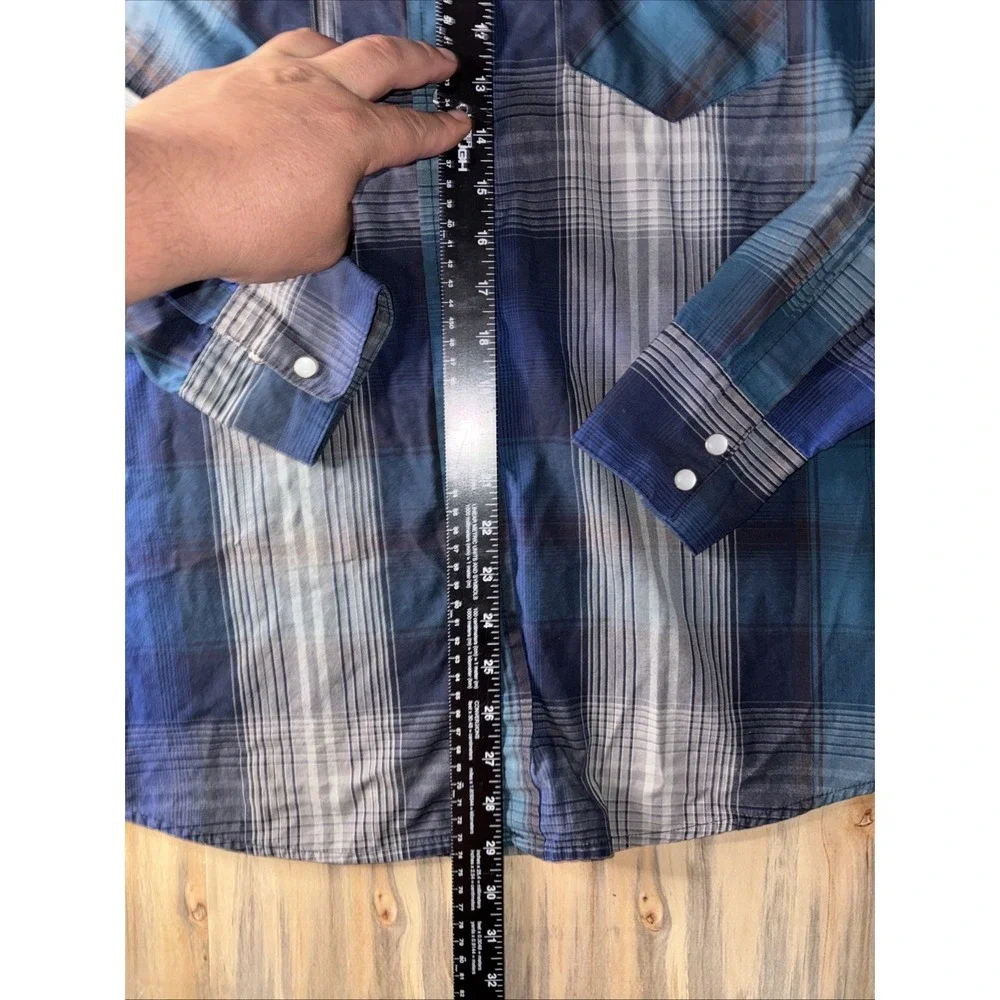 Levis Mens L Long Sleeve Western Snap Up Shirt Blue Gray Black Plaid